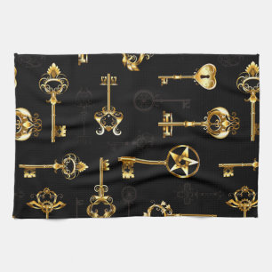 Seamless Pattern with Golden Keys Kitchen Towel