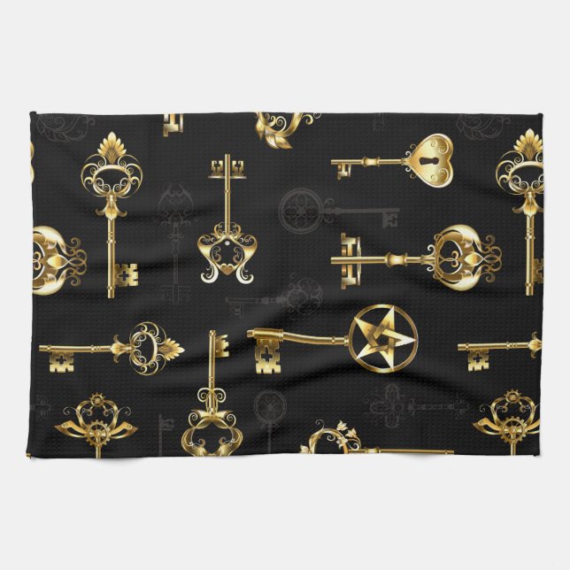 Seamless Pattern with Golden Keys Kitchen Towel (Horizontal)
