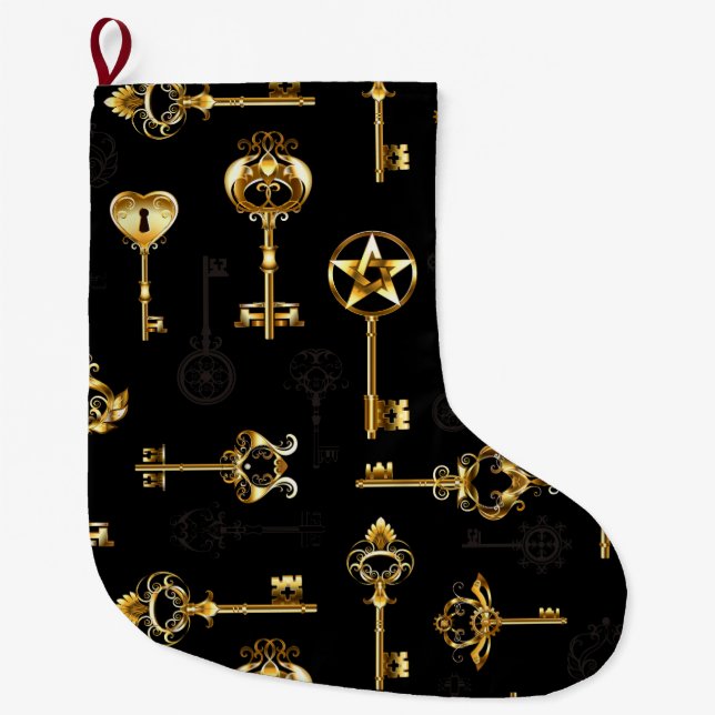 Seamless Pattern with Golden Keys Large Christmas Stocking (Front)