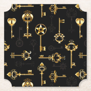 Seamless Pattern with Golden Keys Paper Coaster