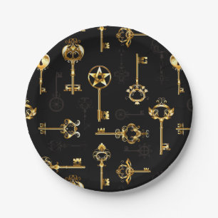 Seamless Pattern with Golden Keys Paper Plate
