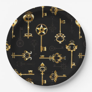 Seamless Pattern with Golden Keys Paper Plate