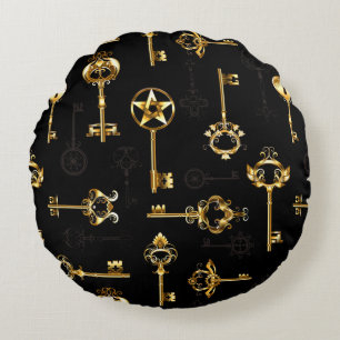 Seamless Pattern with Golden Keys Round Pillow