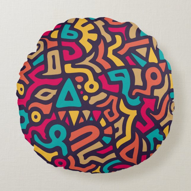 Seamless Pattern with Graffiti Curve Shapes. Mix o Round Pillow (Front)