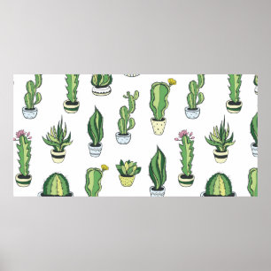 Seamless pattern with green cactus and succulents  poster