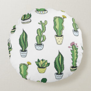 Seamless pattern with green cactus and succulents  round pillow