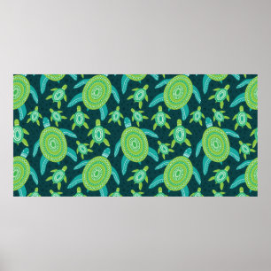 Seamless pattern with green ornament turtles. Sea  Poster