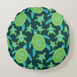 Seamless pattern with green ornament turtles. Sea Round Pillow