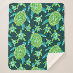 Seamless pattern with green ornament turtles. Sea Sherpa Blanket