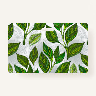 Seamless Pattern with Green Tea Leaves Badge