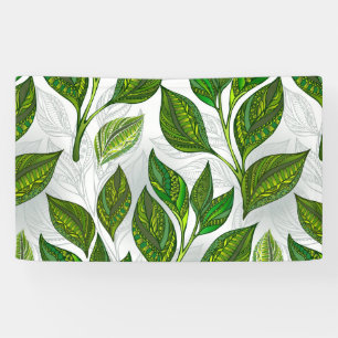 Seamless Pattern with Green Tea Leaves Banner