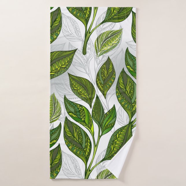 Seamless Pattern with Green Tea Leaves Bath Towel (Bath Towel)