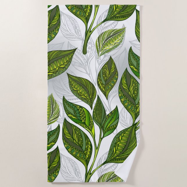 Seamless Pattern with Green Tea Leaves Beach Towel (Front)