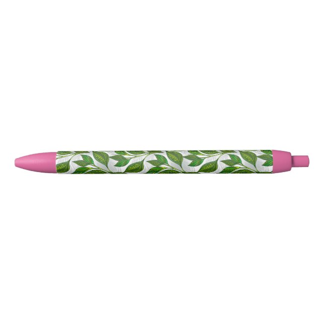 Seamless Pattern with Green Tea Leaves Black Ink Pen (Front)