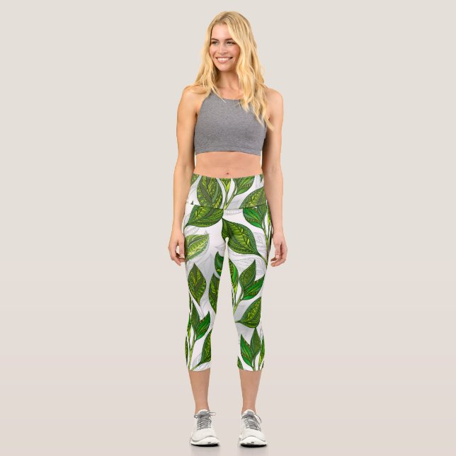 Seamless Pattern with Green Tea Leaves Capri Leggings (Front)