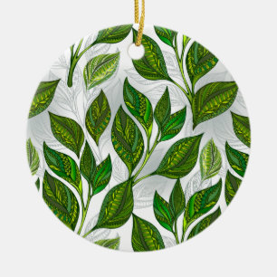 Seamless Pattern with Green Tea Leaves Ceramic Ornament