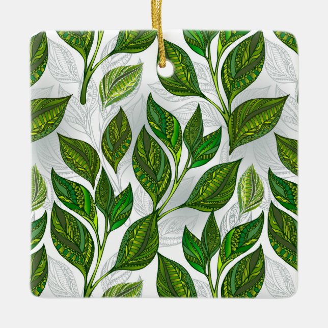 Seamless Pattern with Green Tea Leaves Ceramic Ornament (Front)