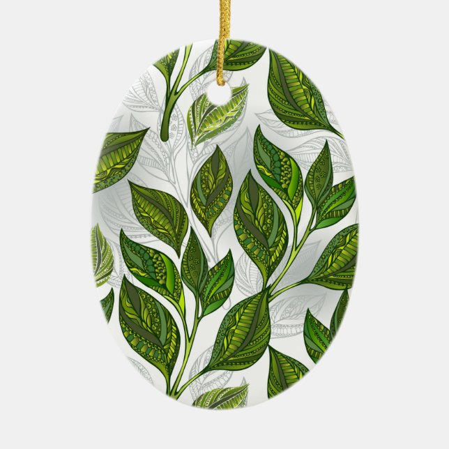 Seamless Pattern with Green Tea Leaves Ceramic Ornament (Front)