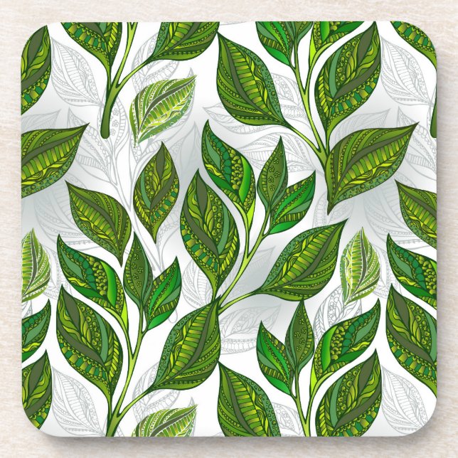 Seamless Pattern with Green Tea Leaves Coaster (Front)