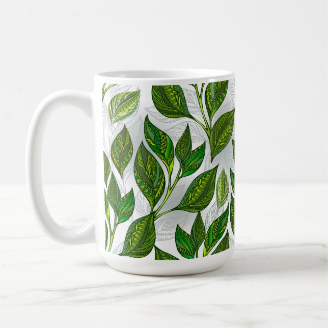 Seamless Pattern with Green Tea Leaves Coffee Mug (Left)
