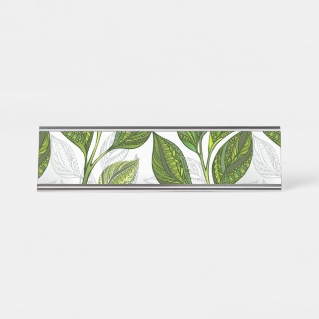 Seamless Pattern with Green Tea Leaves Desk Name Plate (Front)