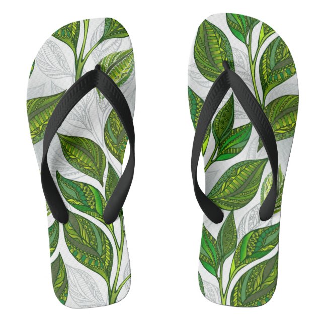 Seamless Pattern with Green Tea Leaves Flip Flops (Footbed)