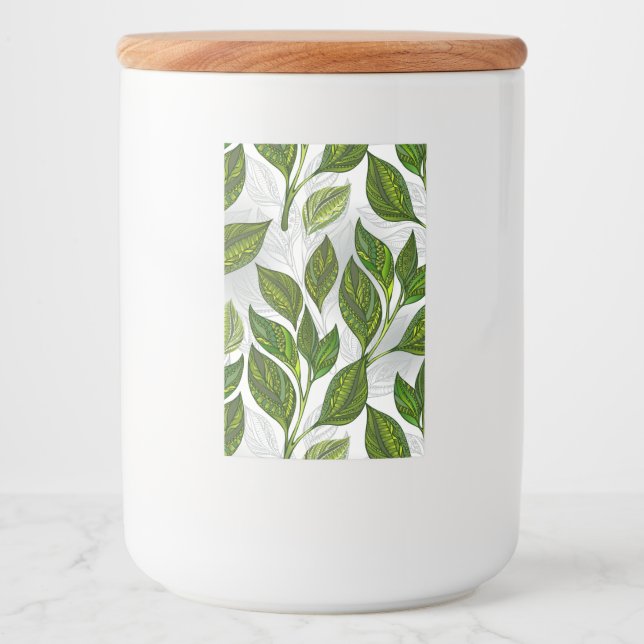 Seamless Pattern with Green Tea Leaves Food Label (Front)
