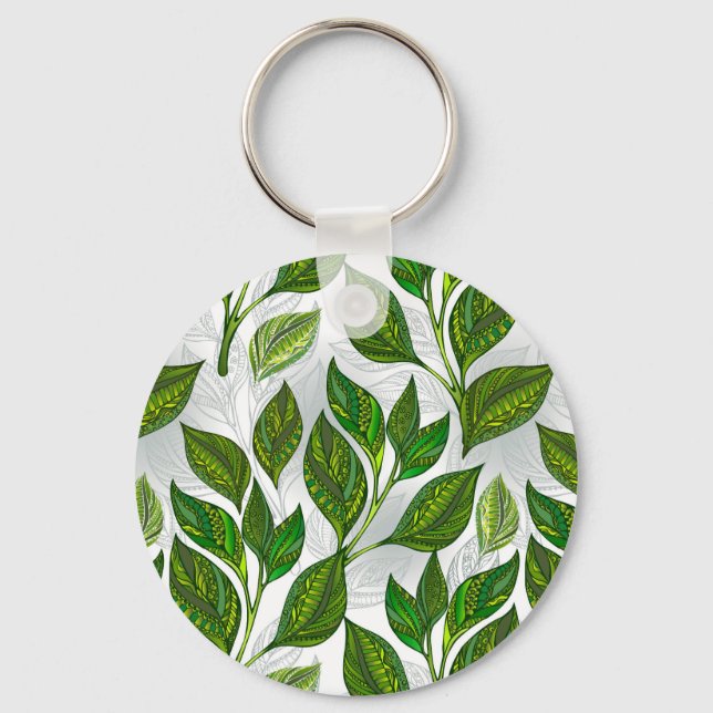 Seamless Pattern with Green Tea Leaves Keychain (Front)