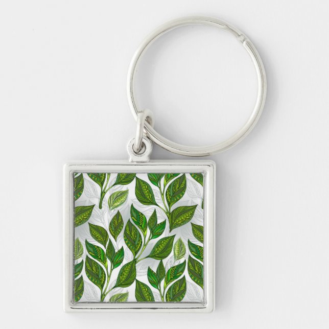 Seamless Pattern with Green Tea Leaves Keychain (Front)