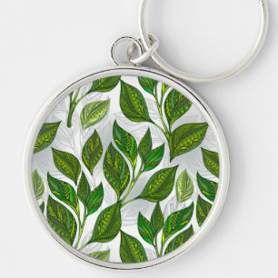 Seamless Pattern with Green Tea Leaves Keychain