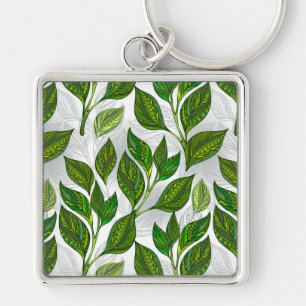 Seamless Pattern with Green Tea Leaves Keychain