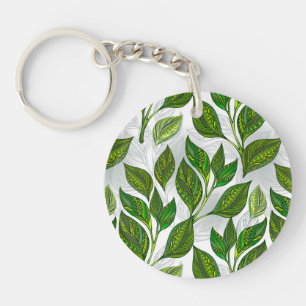 Seamless Pattern with Green Tea Leaves Keychain