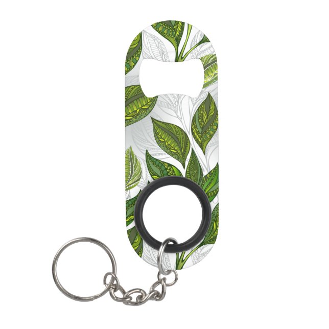 Seamless Pattern with Green Tea Leaves Keychain Bottle Opener (Front)