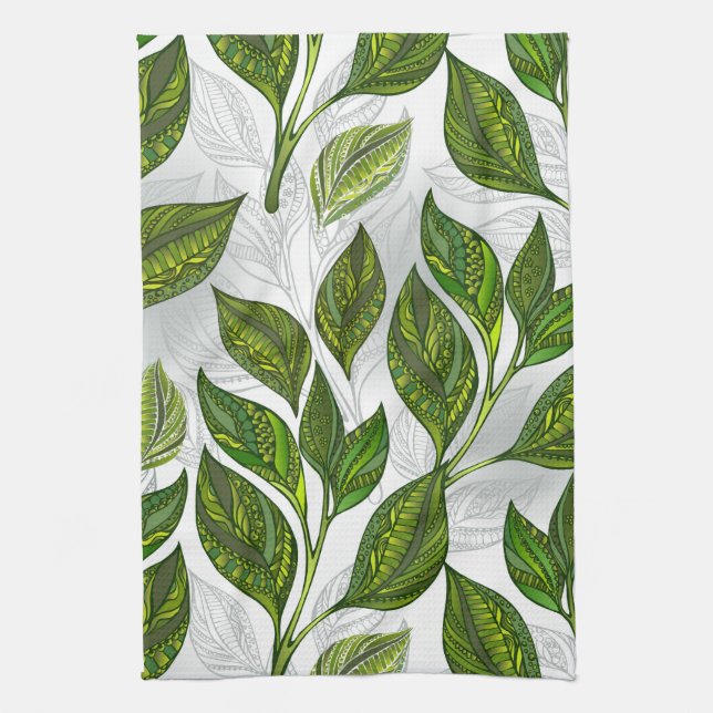 Seamless Pattern with Green Tea Leaves Kitchen Towel (Vertical)