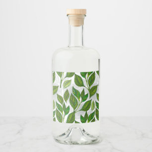 Seamless Pattern with Green Tea Leaves Liquor Bottle Label