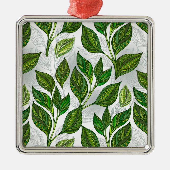 Seamless Pattern with Green Tea Leaves Metal Ornament (Front)