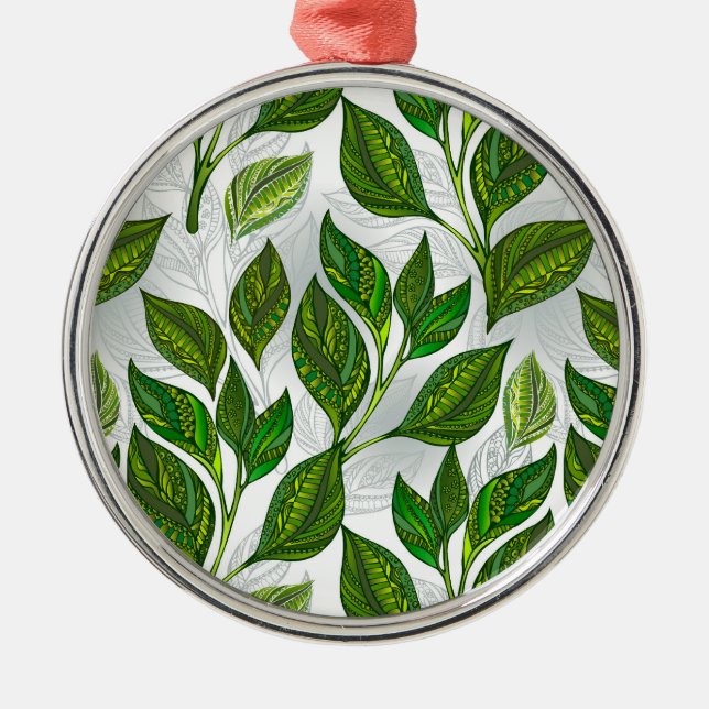 Seamless Pattern with Green Tea Leaves Metal Ornament (Front)