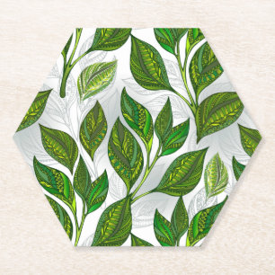 Seamless Pattern with Green Tea Leaves Paper Coaster