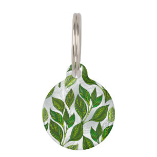 Seamless Pattern with Green Tea Leaves Pet Tag