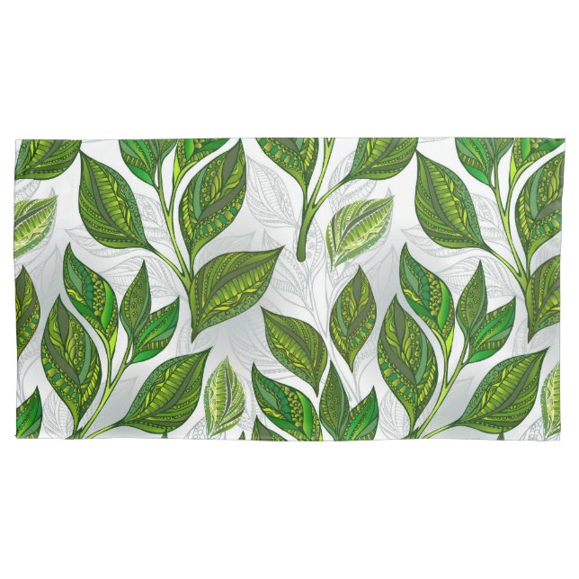 Seamless Pattern with Green Tea Leaves Pillowcase (Front-Left)