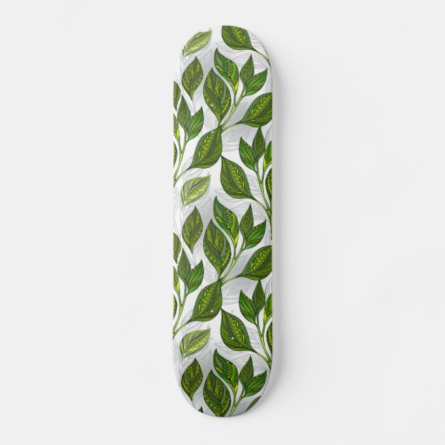 Seamless Pattern with Green Tea Leaves Skateboard (Front)
