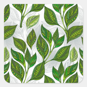 Seamless Pattern with Green Tea Leaves Square Sticker