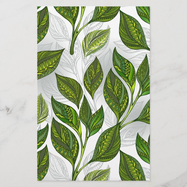 Seamless Pattern with Green Tea Leaves Stationery (Front)