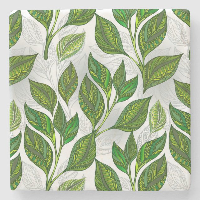 Seamless Pattern with Green Tea Leaves Stone Coaster (Front)