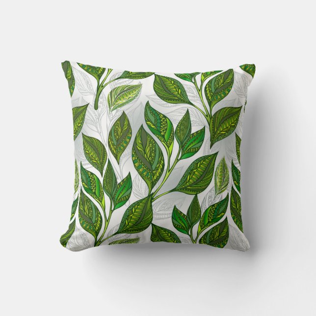 Seamless Pattern with Green Tea Leaves Throw Pillow (Front)