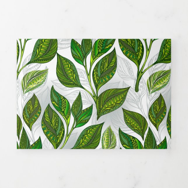 Seamless Pattern with Green Tea Leaves Tri-Fold Holiday Card (Cover)