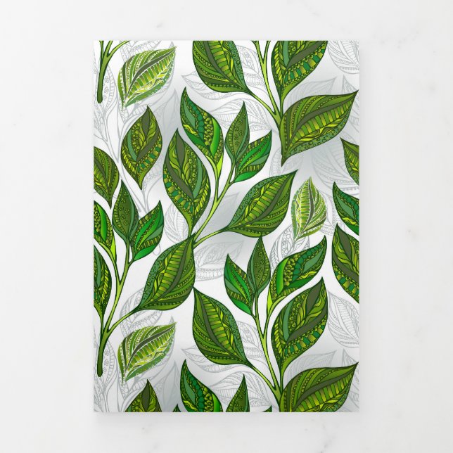 Seamless Pattern with Green Tea Leaves Tri-Fold Invitation (Cover)