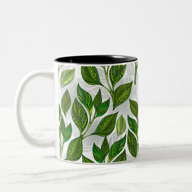 Seamless Pattern with Green Tea Leaves Two-Tone Coffee Mug (Left)