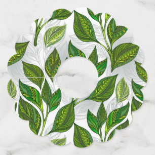 Seamless Pattern with Green Tea Leaves Wine Glass Tag