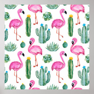 Seamless pattern with green watercolor cactus, suc poster